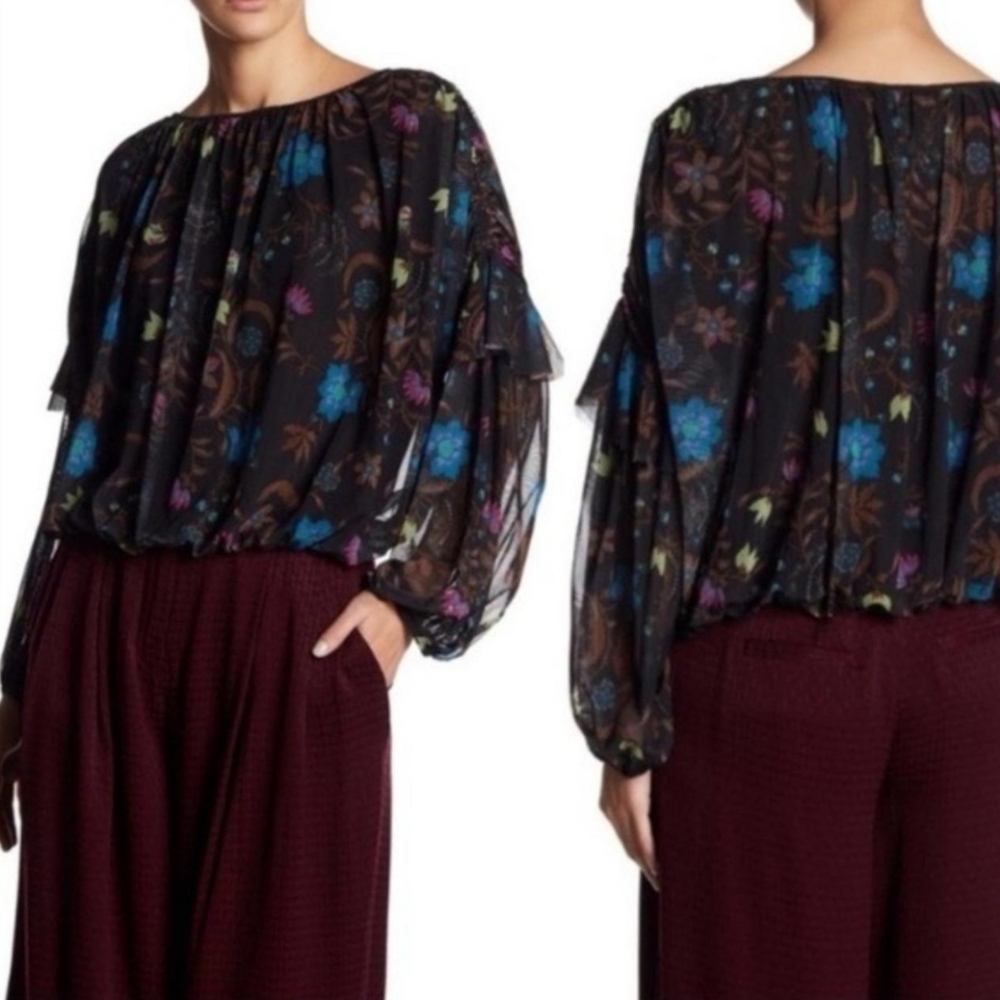 Free People Black Floral Wildflower Honey Mesh Ruffle Peasant Blouse Size XS